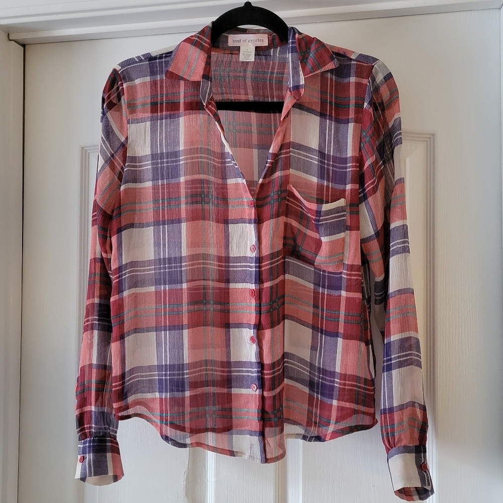 Band of Gypsies Plaid Blouse Small Red Checker Long Sleeve Button Up Casual - Picture 2 of 7